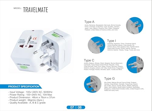 Image of Hawk International Travel Adapter Suitable for All Countries, with Surge Protector, White Colour, Universal Multi-Plug, Model: Impulse