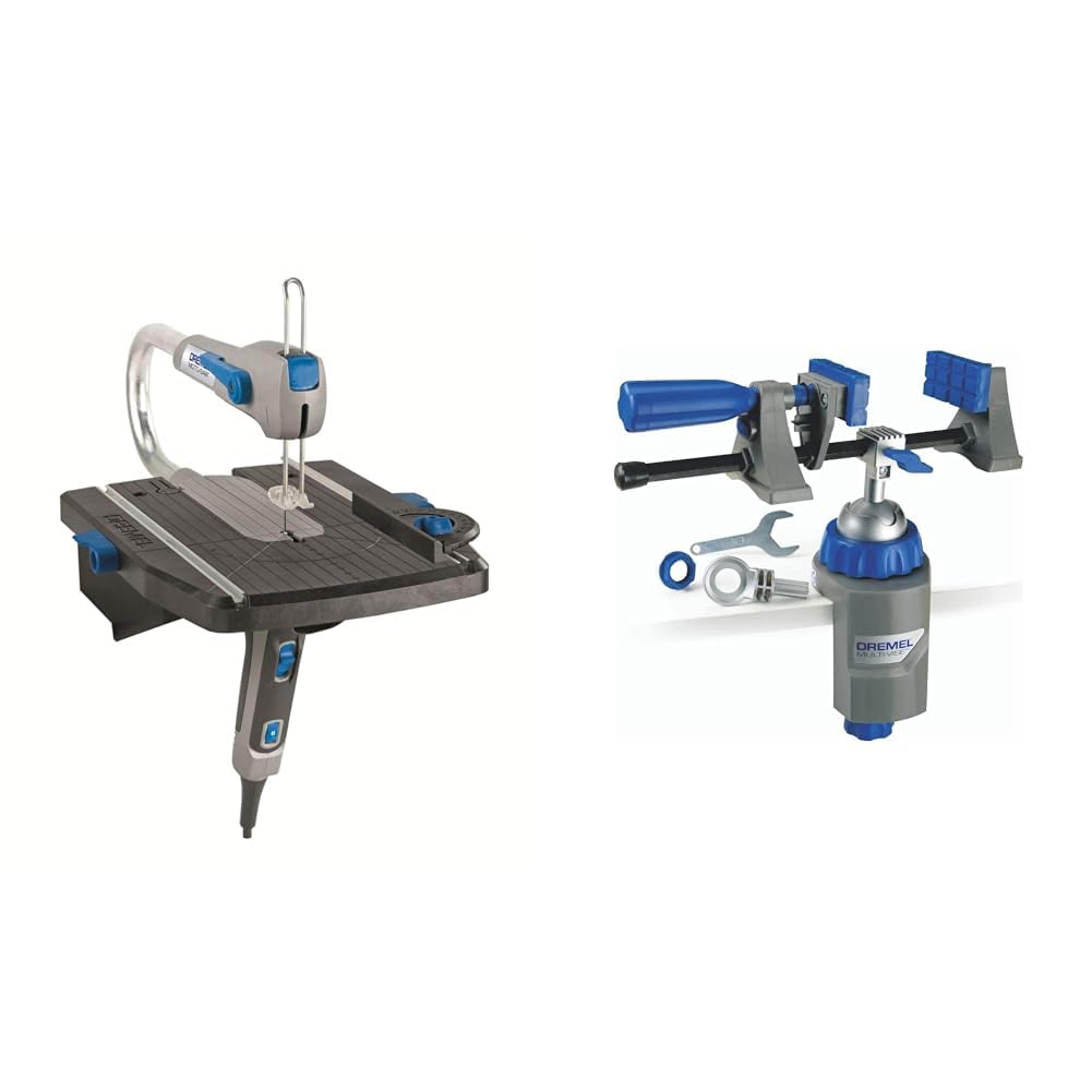 Dremel Moto-Saw MS20-1/5 - Sierra de calar estacionaria (70 W, 1 complemento, 5 accesorios) + Dremel 26152500JA Multi-Vise 2500. Herramienta 3 en 1, Azul, Metálico
