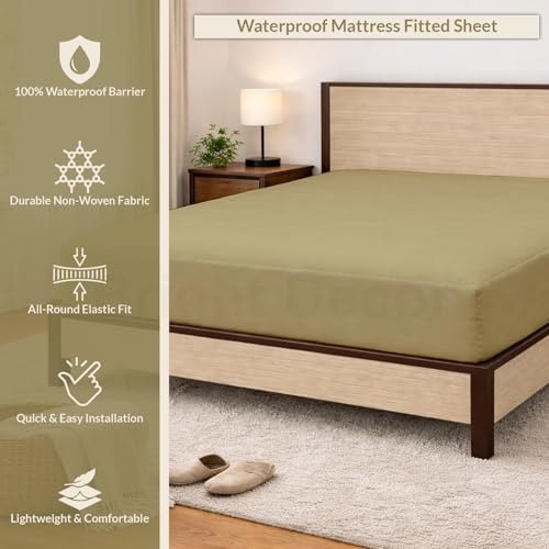 Image of 100% Waterproof Mattress Protector Single Size Bed 30x72 Inch, Non Woven Fabric Fitted Mattress Cover with Elastic, Waterproof Bed Protector, Hypoallergenic, 10 Inch Deep Pocket - Taupe