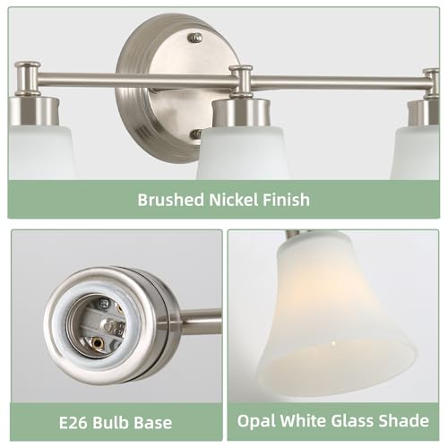 Image of LOUSACE 3 Light Bathroom Vanity Light Vintage Brushed Nickel Bathroom Lighting Fixtures Over Mirror, Traditional Wall Sconce Lighting with Opal Glass Shade, Nickel Vanity Lighting Fixture