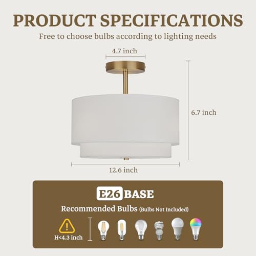 Image of Vexagyle Gold Light Fixtures Ceiling Mount,12.6'' Semi Flush Mount Ceiling Light Fixtures,Nursery Light Fixture with 2-Layer White Shade,Modern Drum Ceiling Lights for Bedroom,Living Room,Hallway