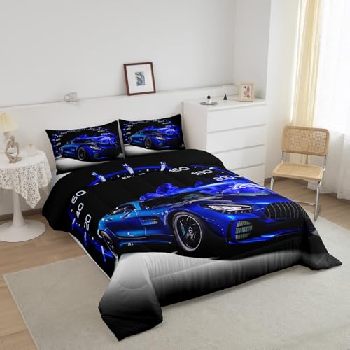 Image of Feelyou Race car Comforter Set Toddler Size for Girls Boys Cool Speed Sports Car Comforter Racing Car Bedding Set Extreme Sports Duvet Set 2Pcs Quilt Set