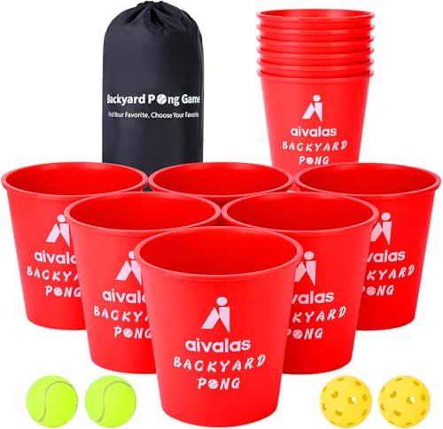 Aivalas Yard Pong Outdoor Games, Giant Yard Games Set with 12 Buckets and Balls for Adults and Family, Toss Game Throwing Games for Beach, Camping, Lawn and Backyard