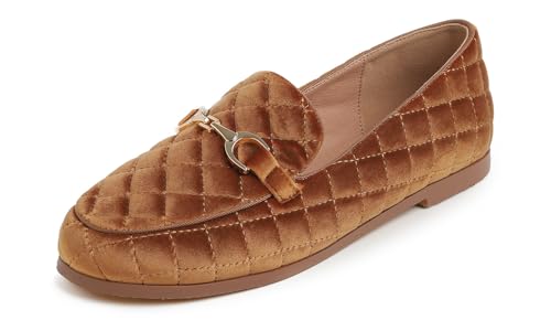 FEVERSOLE Women's Fashion Comfortable Penny Loafer Buckle Dressy Shoes Camel Velvet Quilted Size 9 M...