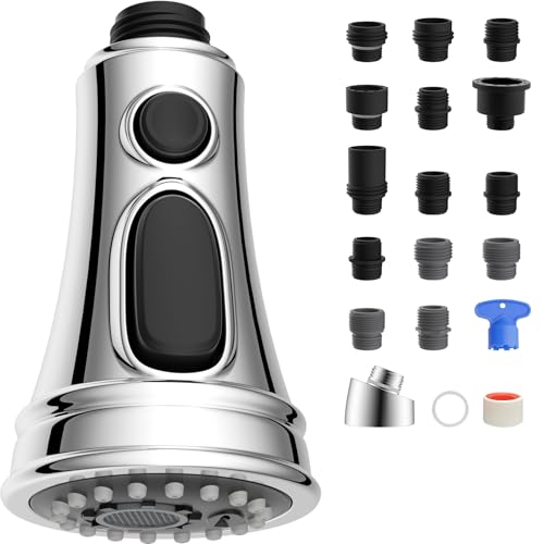 Hibbent Kitchen Faucet Head Replacement, NSF/ANSI/CAN 61 & CUPC Certified, 3 Function Pull Down Faucet Spray Nozzle - 15 Adapters Compatible with Moen, American Standard, Delta, Kohler - Chr