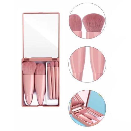 Image of 5-in-1 Mini Makeup Brush Set with Mirror | Compact Travel-Friendly Pocket Makeup Brushes Kit for Foundation, Eyeshadow, Blush & Powder | Portable Cosmetic Brush Set for Women & Girls