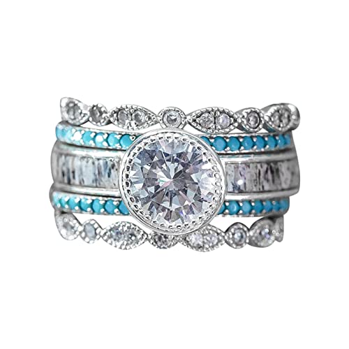 Zircon Engagement Rings for Womens Turquoise Inlaid Zircon Bridal Wedding Bands Proposal Rings Jewelry (Silver, 7)