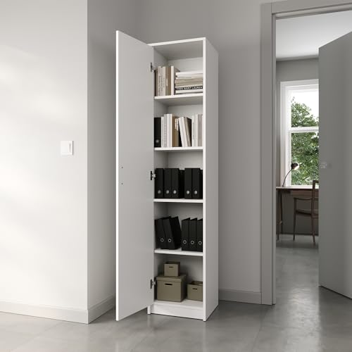 Bücherregal Kleiderschrank Regal weiß 40cm breit 180cm hoch Schrank Organizer Mehrzweckschrank mit 4 verstellbaren Einlegeböden Aktenschrank Regal Wand schmal Holz für Schlafzimmer Flur Keller Büro