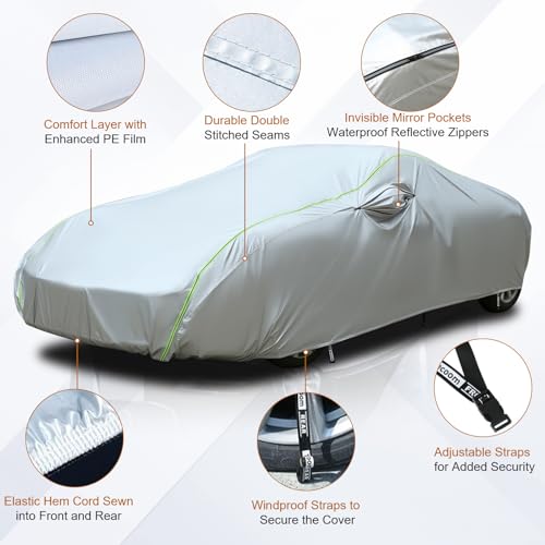 Image of Tecoom Car Cover Waterproof All Weather, Windproof UV Sun Rain Snow Protection Outdoor Full Cover with Top Reflective Strip, Door Zipper, Fit for Coupe /Convertible /Sport Cars (173-182 Inches)