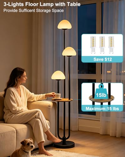 Image of 3 Light Mushroom Floor Lamp with Shelf, Dimmable Black Floor Lamp with Bulbs Included, 3000K Warm White Modern Standing Tall Floor Lamp for Living Room Bedroom Reading Sofa Beside Corner Decor
