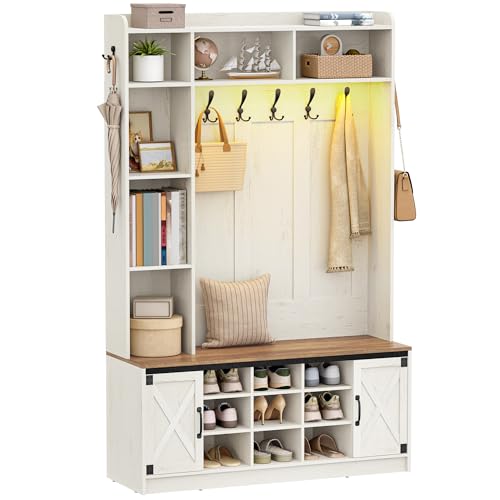 Hzuaneri Garderobe mit Sitzbank, Garderobe Con LED, Eingangsmöbel mit Schuhregal, verstellbare Regalebenen, 15 offene Fächer, 7-Haken, freistehend, für Eingangsbereich, Flur, Weiß Braun HT24614XEU