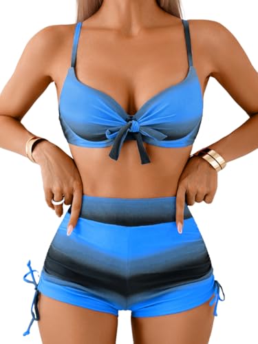 Women High Waisted Molded Cup Bikini Sets, Underwire Push Up Striped Swimsuits, Bathing Suit with Boy Shorts 2 Piece