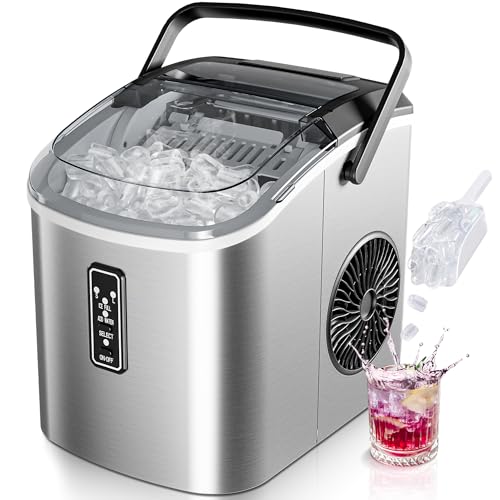 EUHOMY Ice Maker Countertop with Carry Handle, 9 Cubes Ready in 6 Mins, 26.5lbs/24H, Self-Cleaning, 2 Sizes of Bullet Ice with Basket and Scoop, Portable Ice Maker Machine for Home, Kitchen, Office