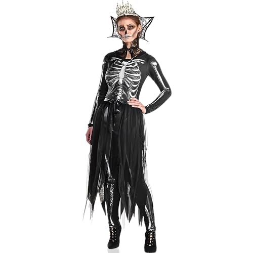 Gothic Skeleton Queen Costume Set - Plus XXL (18-20) - Black & White Polyester - Perfect for Halloween & Themed Parties