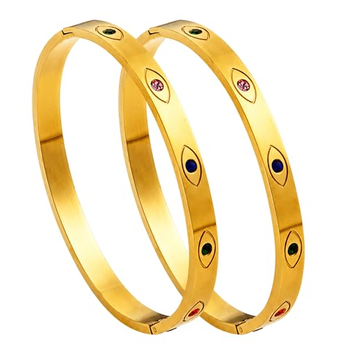 Image of Stylish Gold Plated Bangle for Women | Daily Use Stainless Steel Kada | Anti-Tarnish Waterproof Cuff | Multicolour Crystal Evil Eye | Daily Wear Bracelet For Womens | Premium Gift For Girl