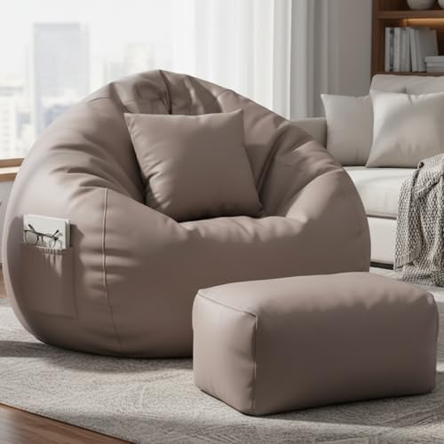 Image of Luxury 5XL Jumbo Bean Bag with Footrest & Cushion | Premium Leatherette | High-Density Beans Filled | Heavy Duty Double Stitch | 6 Months Warranty Color- (Navy Blue) (Beige)