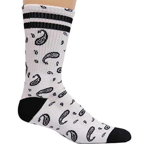 White with Black Paisley Bandana Pattern Premium Dress Crew Socks