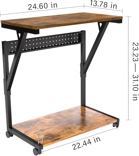 Image of 21562 Computer Tower Cart - Height Adjustable PC Stand, 2-Tier CPU Holder Home Office Gaming Desk Accessories Rolling Lockable Wheels, Laptop Table Standing Computer Desk, Rustic Brown