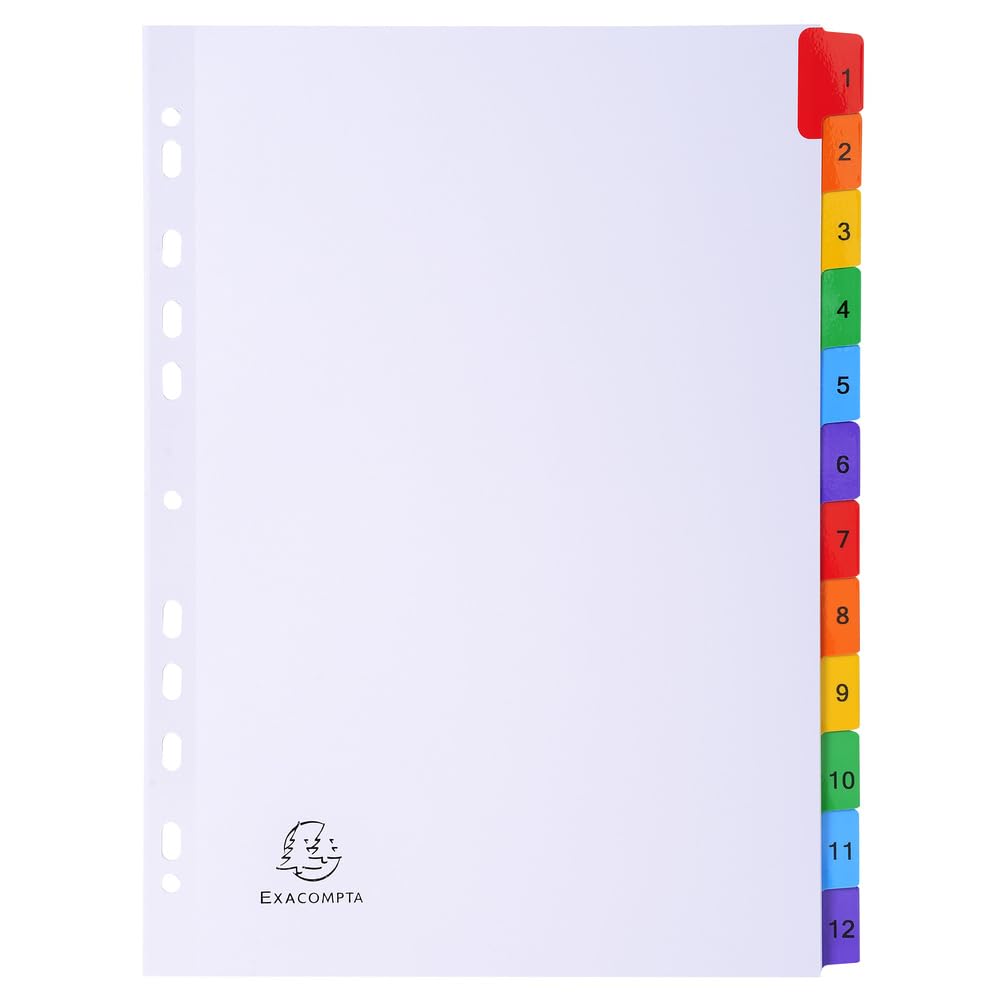 Exacompta - Ref. 1112E – Karton mit 20 Registern aus weißem Karton, 160 g/m², FSC® mit 12 digital bedruckten Registern von 1 bis 12 Farben, Indexseite bedruckbar, für DIN A4, Maße: 22,5 x 29,7 cm