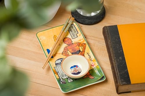 Image of Silver Buffalo Star Wars Droids Japanese Featuring R2-D2, C-3PO, and BB-8 Ceramic Sushi Set with Dipping Sauce Dish and Matching Chopsticks