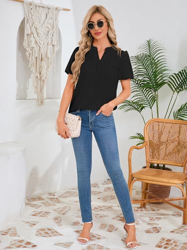 Funlingo Womens Boho Tops Summer Short Puff Sleeve V Neck Blouses Dressy Casual Flowy Swiss Dot Lace Crochet Babydoll Shirts Trendy Clothes 2026 Black S — view 6