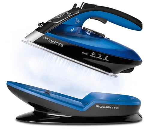 Rowenta Freemove, Plancha sin cable con golpe de vapor 115 g/min, 250 ml, suela Microsteam 400 láser, autoapagado y antical, todo tipo de tejidos, Azul/Negro, DE5010
