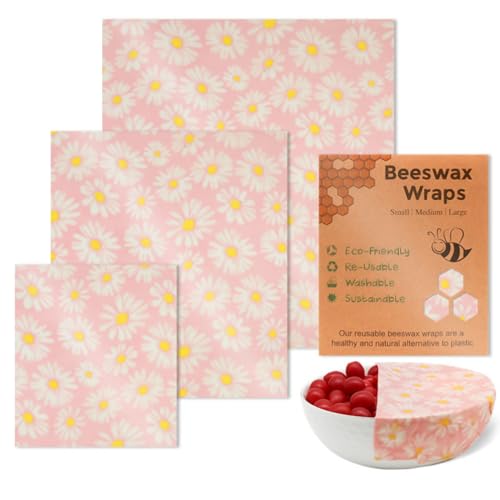 ピンク菊蜜蝋 食品用フレッシュキーピングクロス 食品用オーガニックワックスラップ3個セット 再利用可能なカット蜜蝋フードラップ（Amazon）