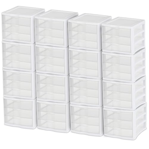 Image of Sterilite ClearView Compact Stacking 3 Drawer Storage Organizer System for Crafting Supplies, Home Office, or Dorm Room, (16 Pack)