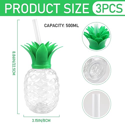 LNQ LUNIQI 3Pcs Pineapple Cups with Straws Tropical Pineapple Cups Fun Luau Party Decorations for Hawaiian and Beach Theme Parties for Kids and Adults