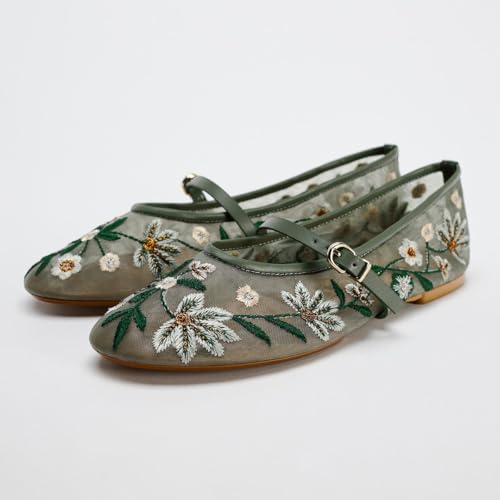Women's Mesh Flat Mary Janes Embroidered Floral Buckled Strap Flats Casual Comfortable Round Toe Ballerina Shoes2