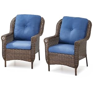 Patio Chairs Outdoor Wicker Armchair Set of 2 Heavy Duty Outside Modern PE Rattan Lawn Chair for Front Porch Balcony Backyard Yard Deck Poolside Apartment–BrownBlue