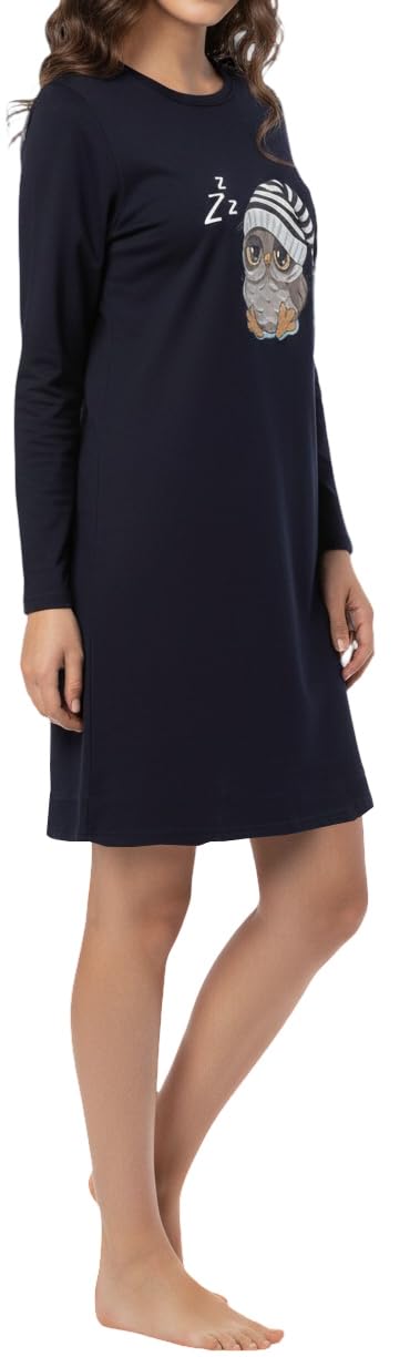 Mädchen Nachthemd mit langem Arm, weicher Singley Jersey aus 100% Baumwolle, mit Motiv Eule mit Schlafmütze in der Farbe dunkelblau