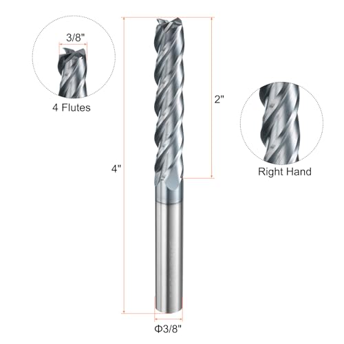Image of HARFINGTON Carbide Square Nose End Mill Bit 3 /8 inch Cut Dia 4 Flutes TiAlN Coated Milling Cutter for Hardened Steel Metal (3 /8 inch Shank 2 inch Cut Length 4 inch Long 30 Degree Helix HRC53-55)
