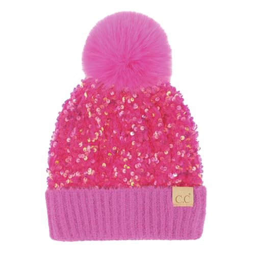 C.C Kids Sequin Fur Pom Beanie for Boys Girls - Comfortable Soft Warm Children Youth Knit Skully Hat with Faux Fur Pom