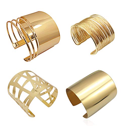 4 Pcs Punk Hollow Cuff Bangle Bracelet Set Gold Silver Tone Adjustable Smooth Open Wide Wire Wrap Bracelet Wrist Jewelry for Women Girls-A Gold