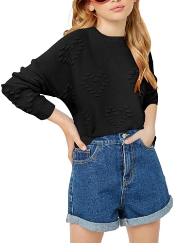 Haloumoning Girls Cute Heart Love Print Sweater Tops Oversized Crew Neck Dot Ball Knitted Valentine Pullover 5-14 Years