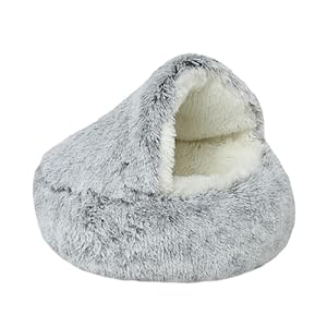 Cat Beds,20″ Diameter Hooded Plush Cat Cave,Long Plush cat beds for Indoor Cats,Round Warm pet Bed for Cats and Puppies(Gray)