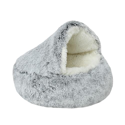 Cat Beds,20″ Diameter Hooded Plush Cat Cave,Long Plush cat beds for Indoor Cats,Round Warm pet Bed for Cats and Puppies(Gray)