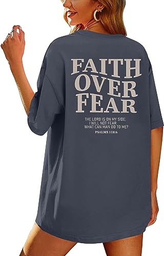 BANGELY Faith Over Fear Shirt Women Graphic Shirts Oversized Workout Gym Christian Religious Tees Drop Shoulder Tee Tops4