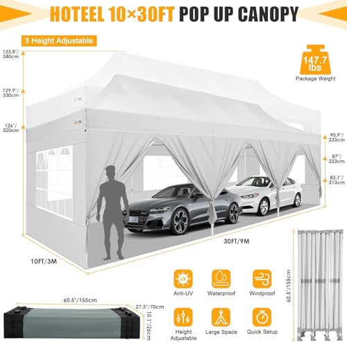 Image of HOTEEL 10x30 Heavy Duty Pop Up Canopy Tent with Sidewalls, Tents for Parties Commercial Party Tent Event Wedding Instant Canopy Waterproof with Carry Bag, UV 50+, Thicked Hexagonal Legs, White