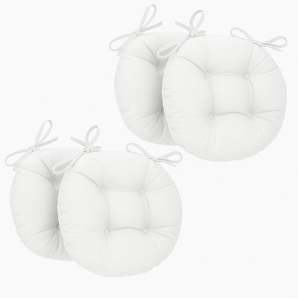 Corredocasa – Coprisedie Set da 4 Cuscini Arredo per Sedia Rotondi con Lacci Diametro 35 cm, Tinta Unita, Morbidi Eleganti Coprisedie per Interni, Made in Italy (Bianco)