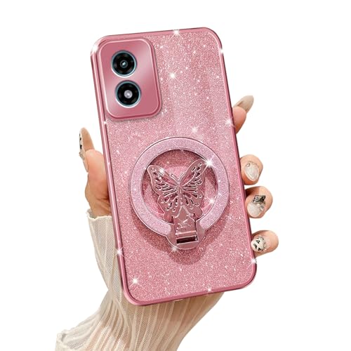 Tesazxcn Phone Case for Motorola Moto G Play 4G 2024 [Compatible with Magsafe] with Butterfly Kickstand & Lanyard Soft TPU Bling Shockproof Protection Cover for Moto G Play 4G 2024 Case, Rose Gold