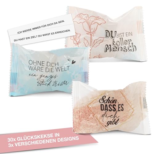 FOOD crew 30x Glückskekse Komplimente - 3 Designs - Komplimente Kekse als kleine Geschenke Idee für Familie, Freunde, Kollegen - Kleinigkeiten für Adventskalender Füllung - Silvester Glückskekse