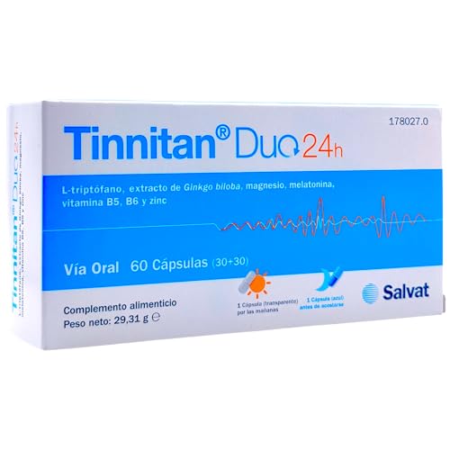 Tinnitan Duo 60 Cápsulas - Con 5-HTP, Ginkgo Biloba, Magnesio y Zinc - Suplemento para el Alivio de Acúfenos y Zumbidos en el Oído - Mejora el Descanso, el Ánimo y la Microcirculación