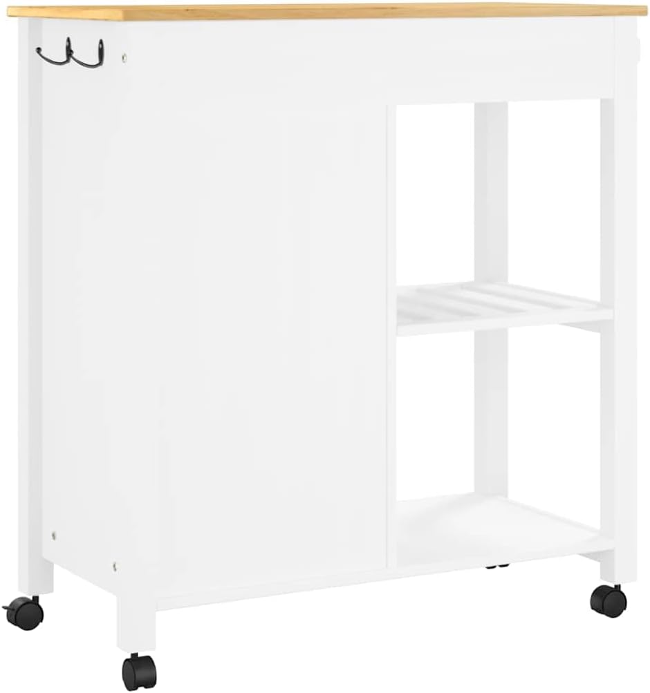Close-up of the wheels on the vidaXL kitchen trolley, showing two black plastic wheels, one of which has a visible locking mechanism.