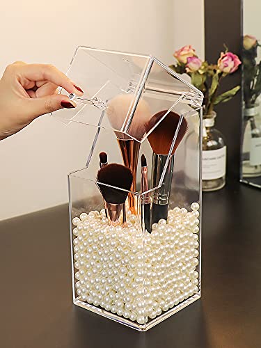 Image of Sooyee Makeup Brush Holder,Makeup Brush Organizer with 8mm White Pearls,Dustproof Makeup Brush holder with Lid