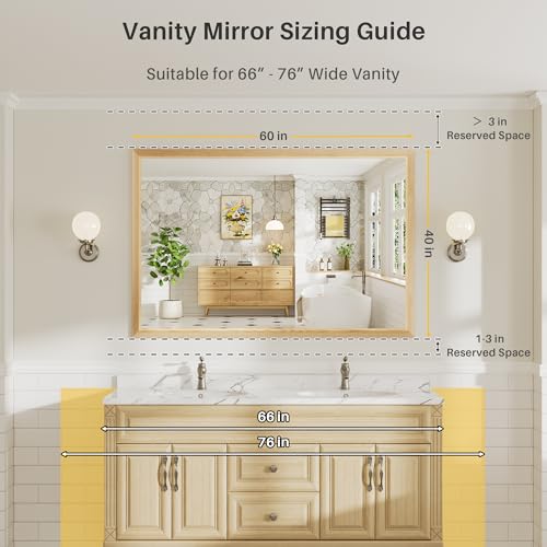 Image of 60x40 Inch Bathroom Mirror for Wall, Anti-Rust Oak Wood Grain Metal Framed Bathroom Mirrors for Over Sink,Rectangler Mirrors for Bathroom Vanity, Farmhouse, Bedroom, Living Room, Entryway Decor