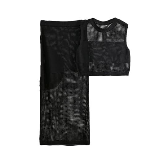 Women Summer Knitted Skirt Set Two-Piece Set Holiday Beach Hollow Out Sleeveless Vest Skirt Suit