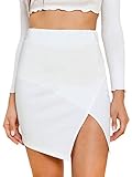 WDIRARA Women's Asymmetrical Mid Waist Split Front Above Knee Solid Bodycon Skirt White M