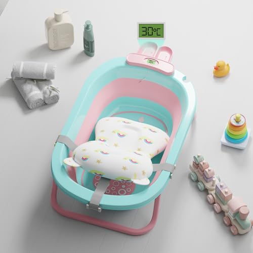 Lifelong Cuppy Baby Bath Tub for 0-3 Years, Newborn Baby Essentials, Foldable Kid-Friendly - Mini Swimming Pool Tub, Padded Cushion & Thermometer, Portable Bathtub for Bathroom Use, Dual Tone Colour